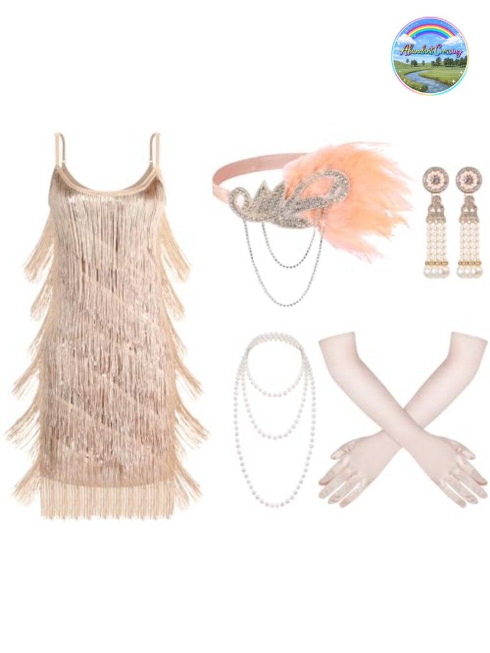 1920s Flapper Costume Set Fringed Dress Headband Pearl Necklace Gloves